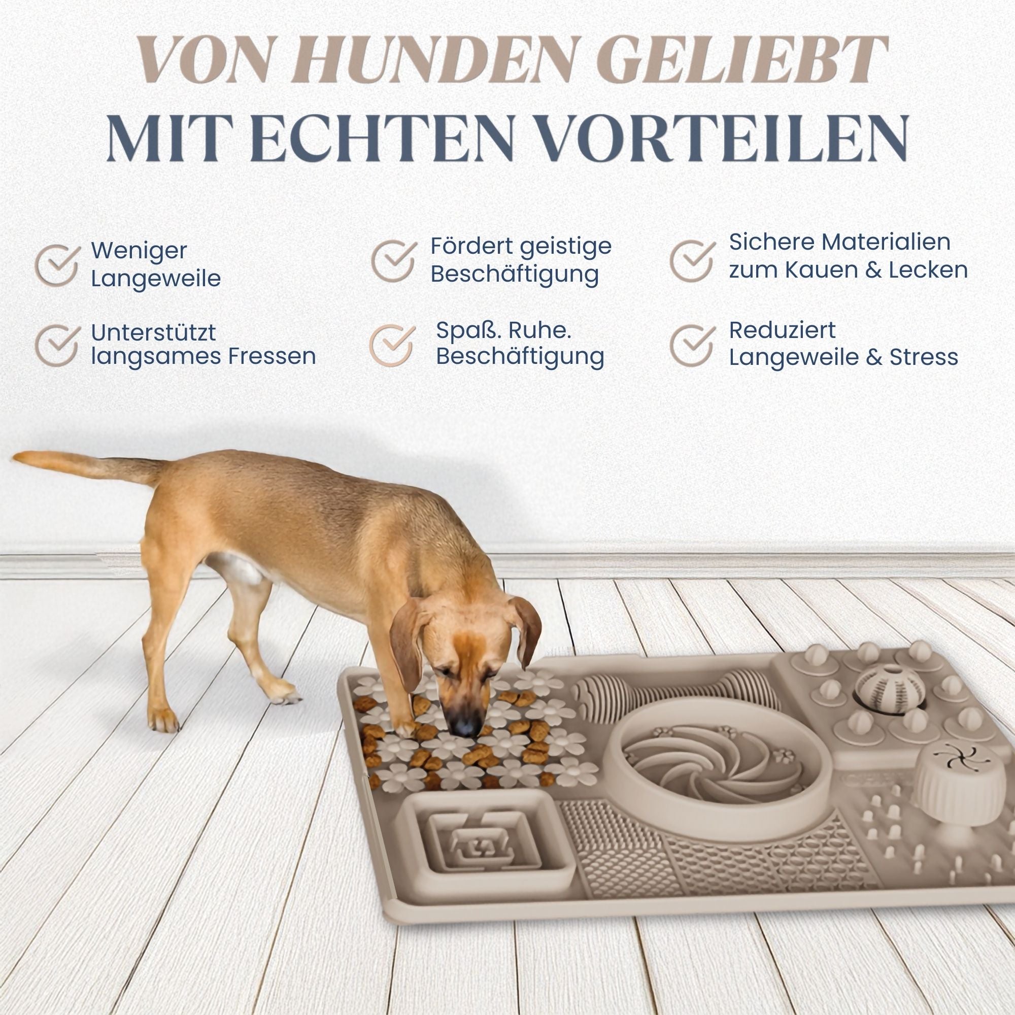 Hund schnüffelt auf beiger 4-in-1 Hundematte mit Futterstücken in Blumenfeldern