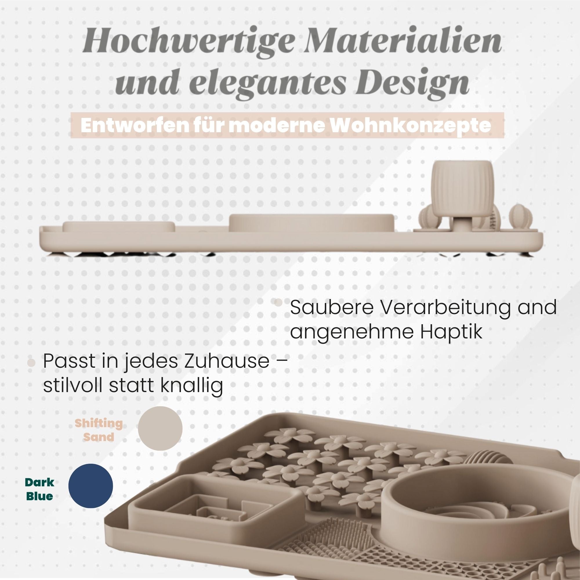 Seitenansicht der beigen Hundematte mit modernem, elegantem Design