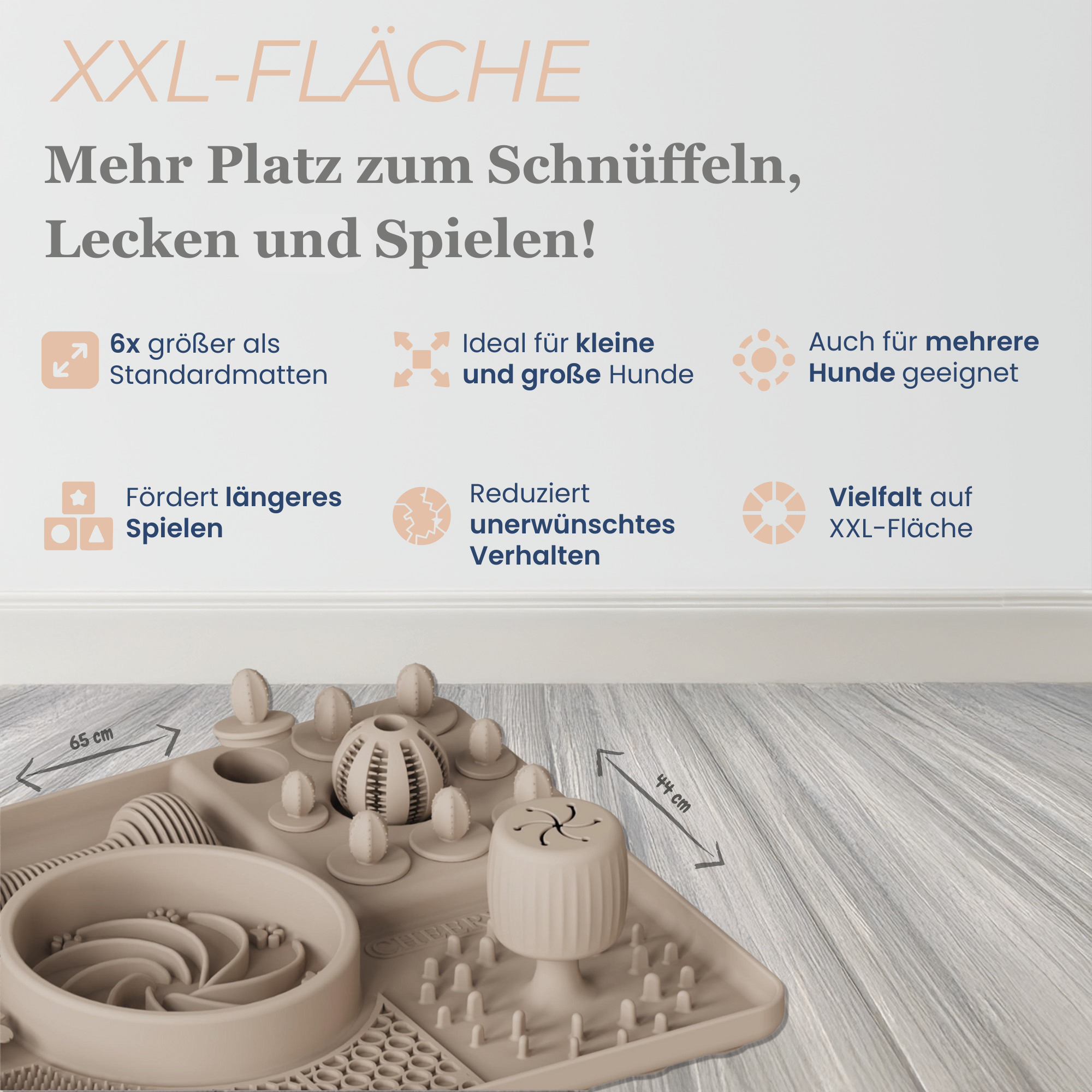 Grafik zeigt Vorteile der XXL Hundematte für kleine und große Hunde