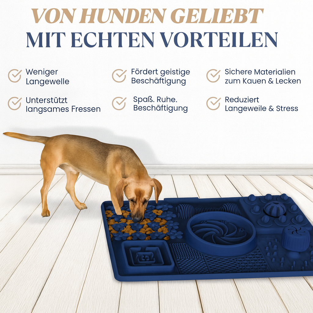 Hund schnüffelt auf blauer 4-in-1 Hundematte mit Leckerlis in den Blumenfeldern
