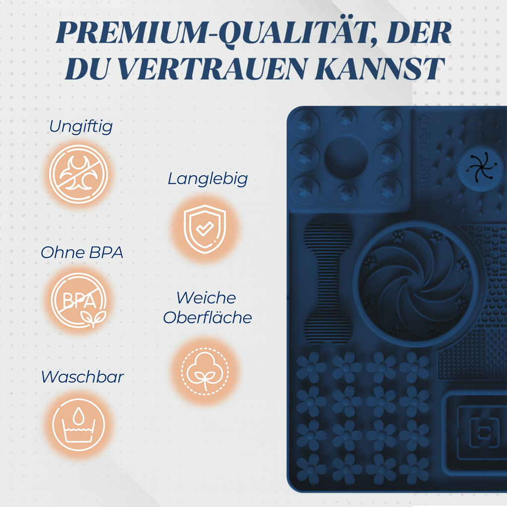 Infografik zeigt Premium-Qualität der blauen Hundematte, langlebig und ungiftig